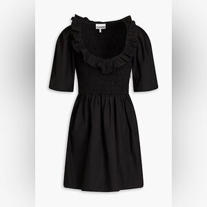 Ganni Black Ruffled Shirred Mini Dress